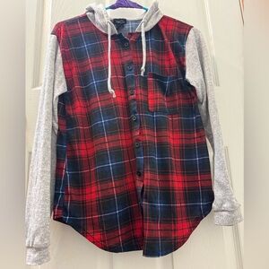 Button Down Hooded Shirt with Plaid Design